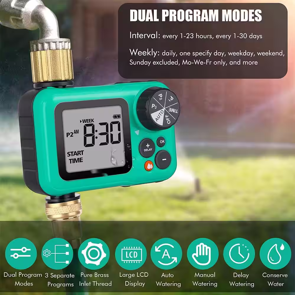 None Interval & 7-Day Programmable Water Timer, Sprinkler Timer with Dual Modes, Garden Hose Timer with 3 Separate Programs