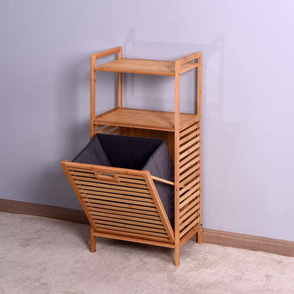 Kahomvis Natural Tilt-Out Bamboo Laundry Hamper with 2-tier Shelf