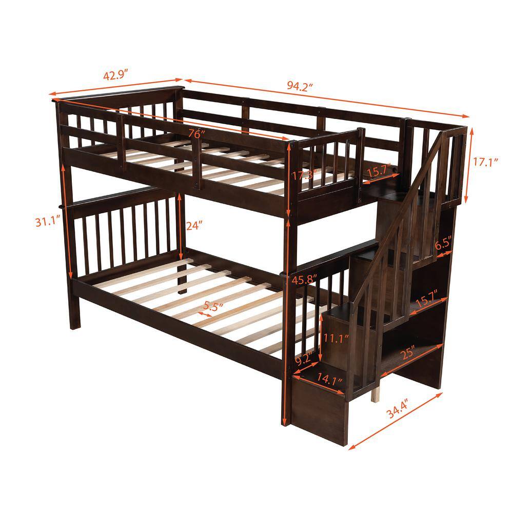 Qualler Hazzard Espresso Twin Over Twin Bunk Bed with Stairs and Shelves