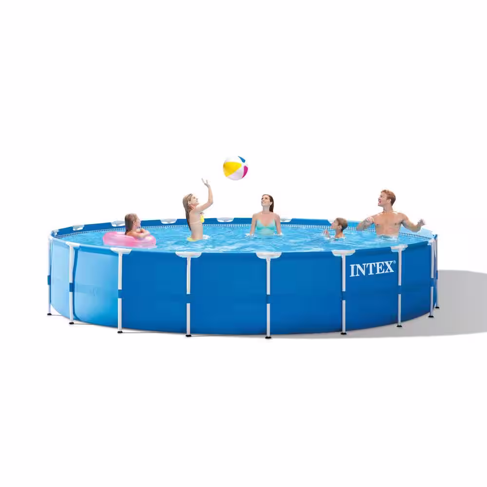 Intex 18 ft. W x 4 ft. Round Metal Frame Above Ground Swimming Pool Set Pump, Ladder and Cover
