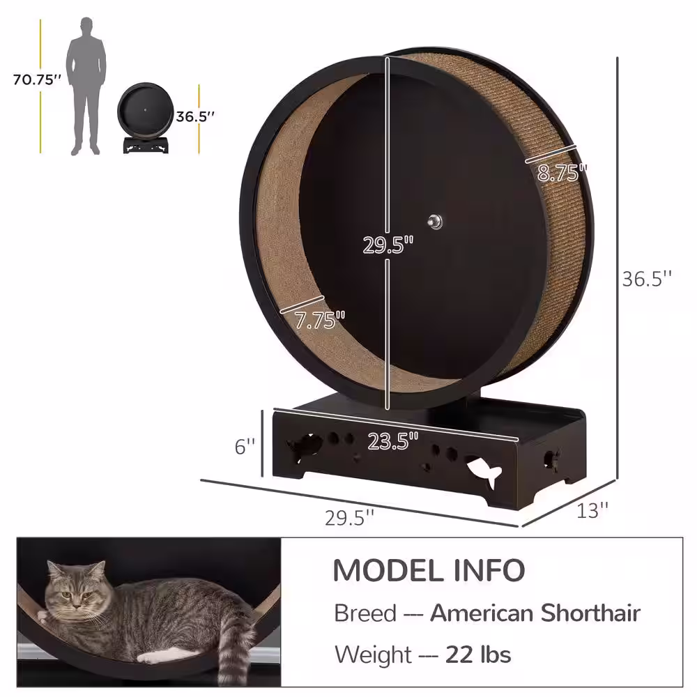PawHut Small Brown Cats Wooden Round Cat Exercise Wheel, Cat Tree with Carpet Runway