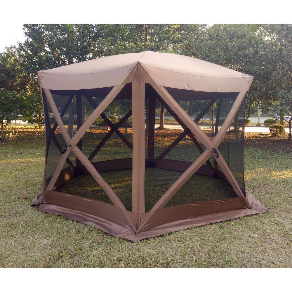 BACKYARD EXPRESSIONS PATIOÂ Â·Â HOMEÂ Â·Â GARDEN Luxury Hub Gazebo 11.6 ft. W x 11.6 ft. L Brown Screen Tent 6 Sided Canopy Shelter