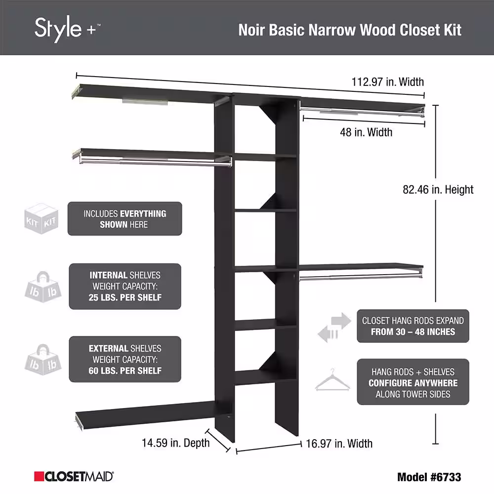 ClosetMaid Style+ 64.9 in W - 112.9 in W Noir Basic Narrow Wood Closet System Kit