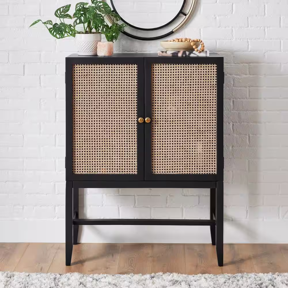 StyleWell Odell Cane Accent Bar Cabinet with Removable Wine Rack in Black/Rattan (36