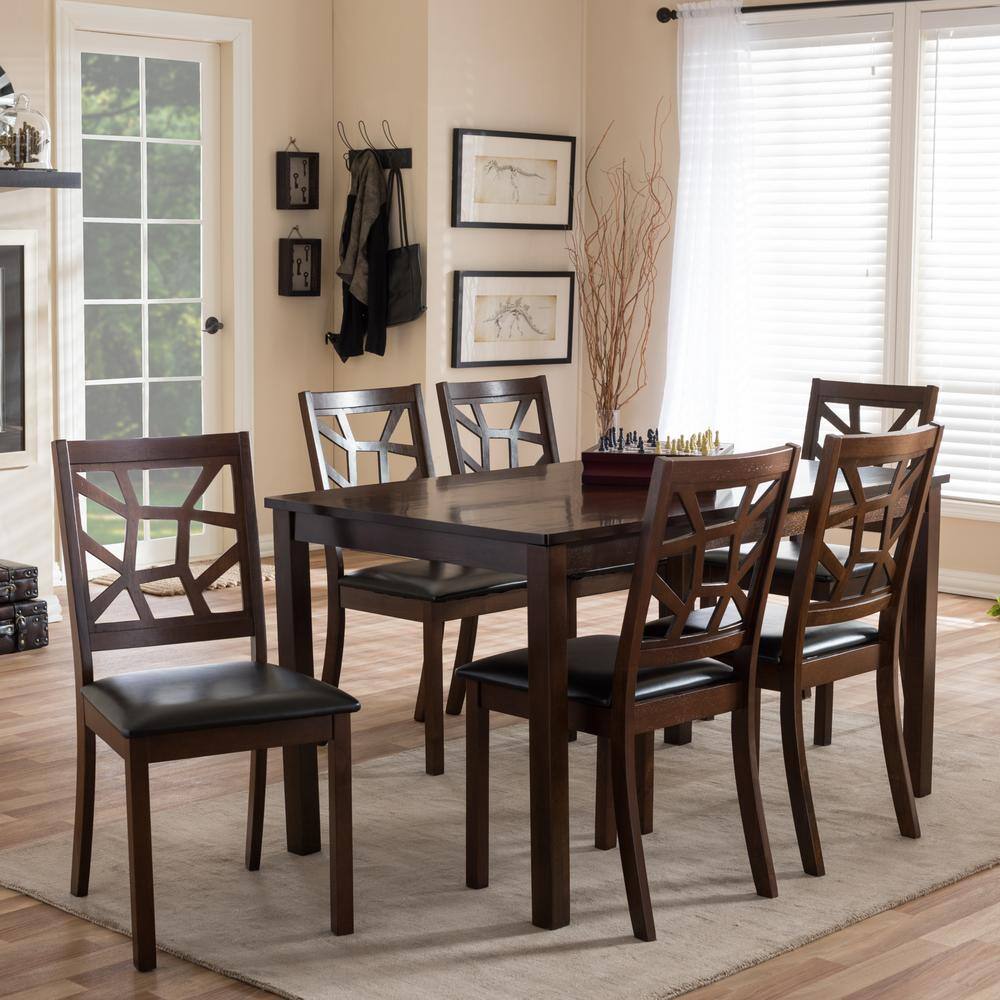 Baxton Studio Mozaika 7-Piece Dark Brown Faux Leather Upholstered Dining Set