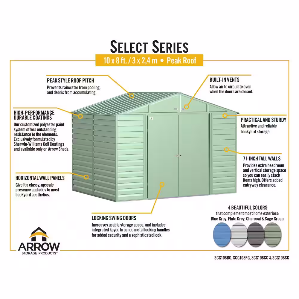 Arrow Select 10 ft. W x 8 ft. D Sage Green Metal Shed (74 sq. ft.)