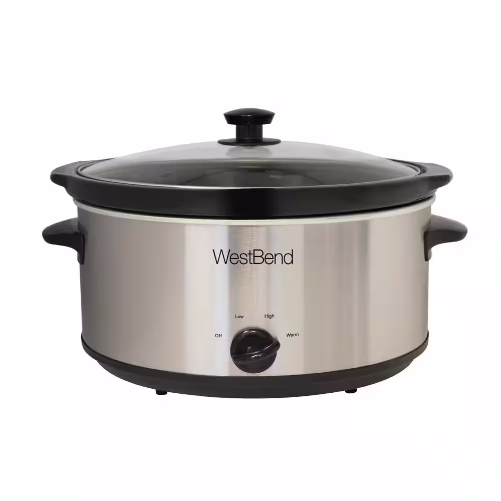 West Bend 6 Qt. Oval Silver Manual Crockery Slow Cooker with Ceramic Cooking Vessel and Glass Lid
