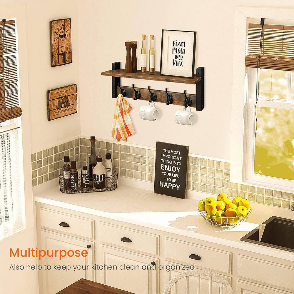 None 17.1 in. W x 4.5 in. D Rustic Brown Wood Decorative Wall Shelf, Wood Coat Rack