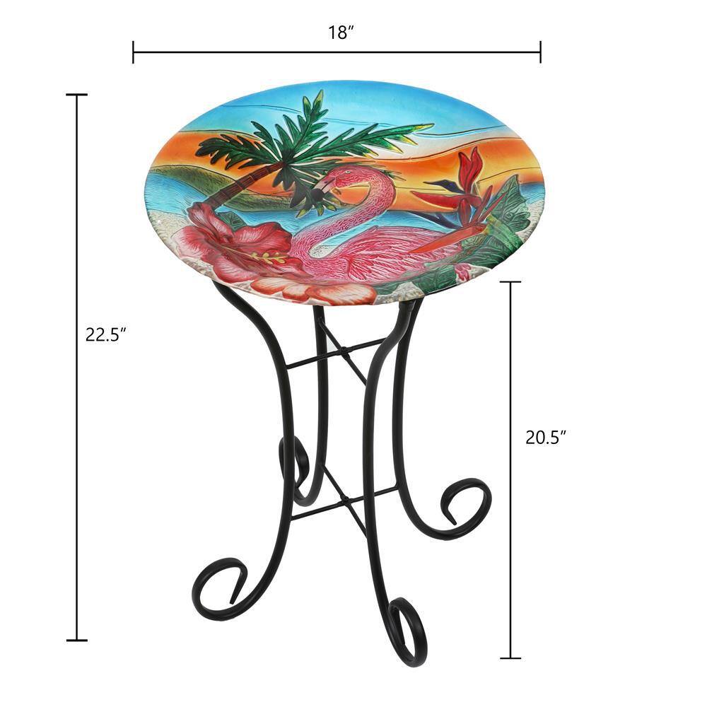 LuxenHome Flamingo Glass Bird Bath with Metal Stand