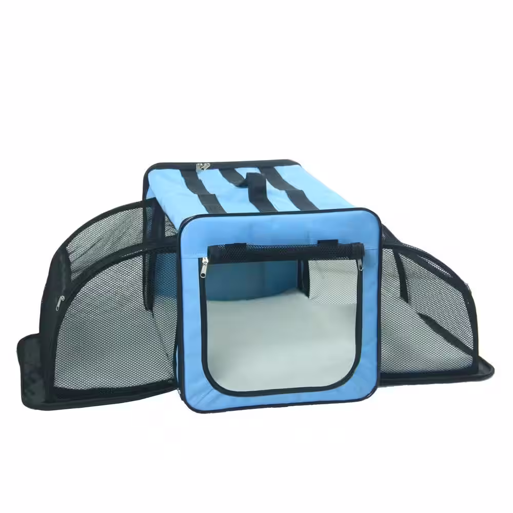 PET LIFE Large Blue Capacious Dual Expandable Wire Folding Lightweight Collapsible Travel Pet Dog Crate