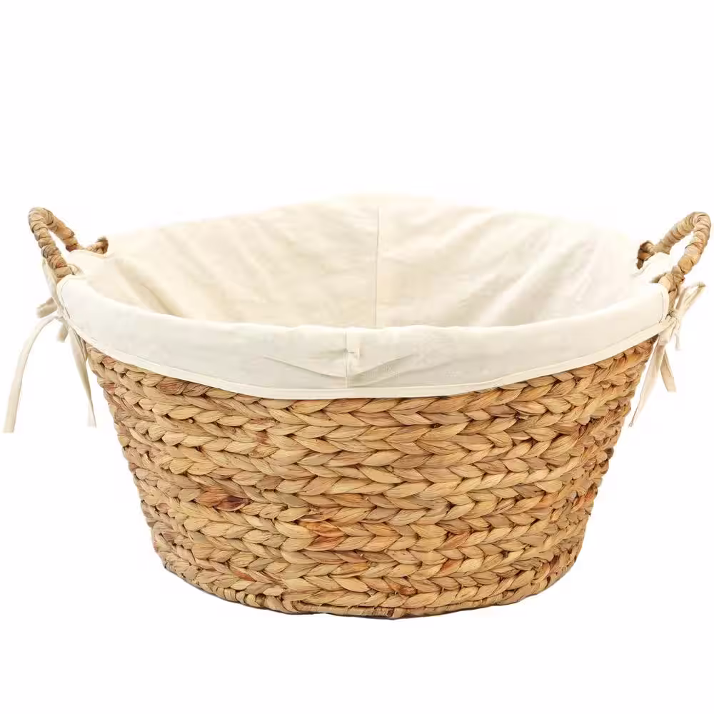 Vintiquewise Water Hyacinth Natural Oval Wicker Laundry Basket with Handles and White Cotton Liner