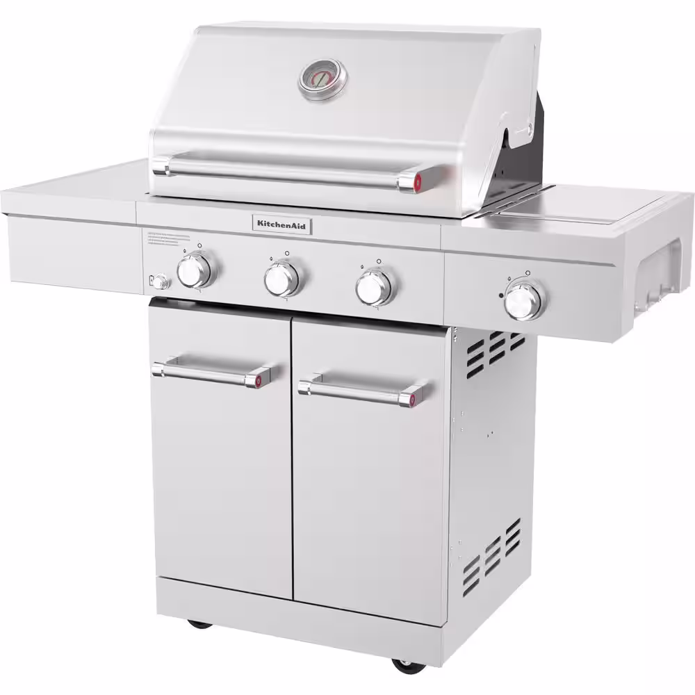 KitchenAid 3-Burner Propane Gas Grill in Stainless Steel with Ceramic Sear Side Burner