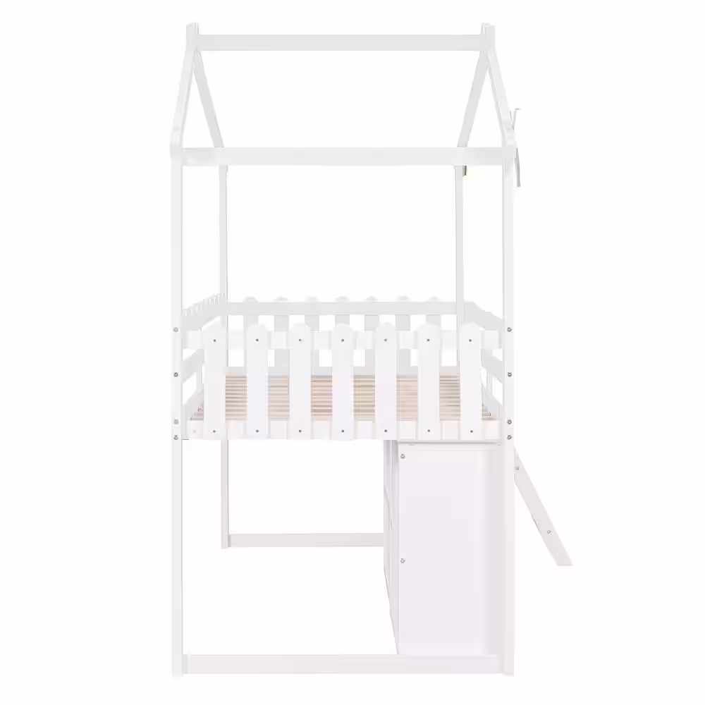 Harper & Bright Designs White Wood Frame Twin Size House Loft Bed with Windmill and Fence Guardrails, Cabinet, Blackboards and 3-Drawer