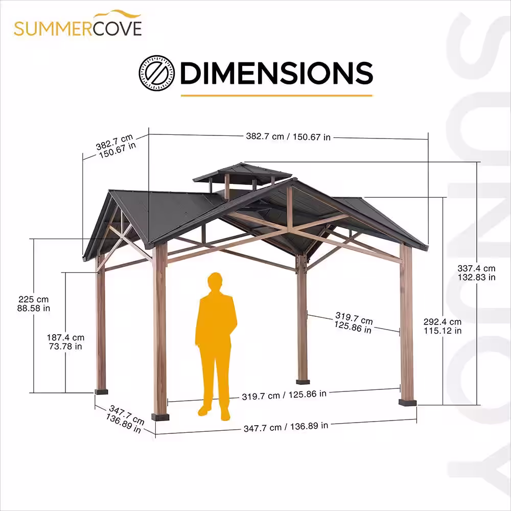 Sunjoy Bella 12.5 ft. x 12.5 ft. Cedar Framed Gazebo with Black Steel 2-Tier Hardtop Roof