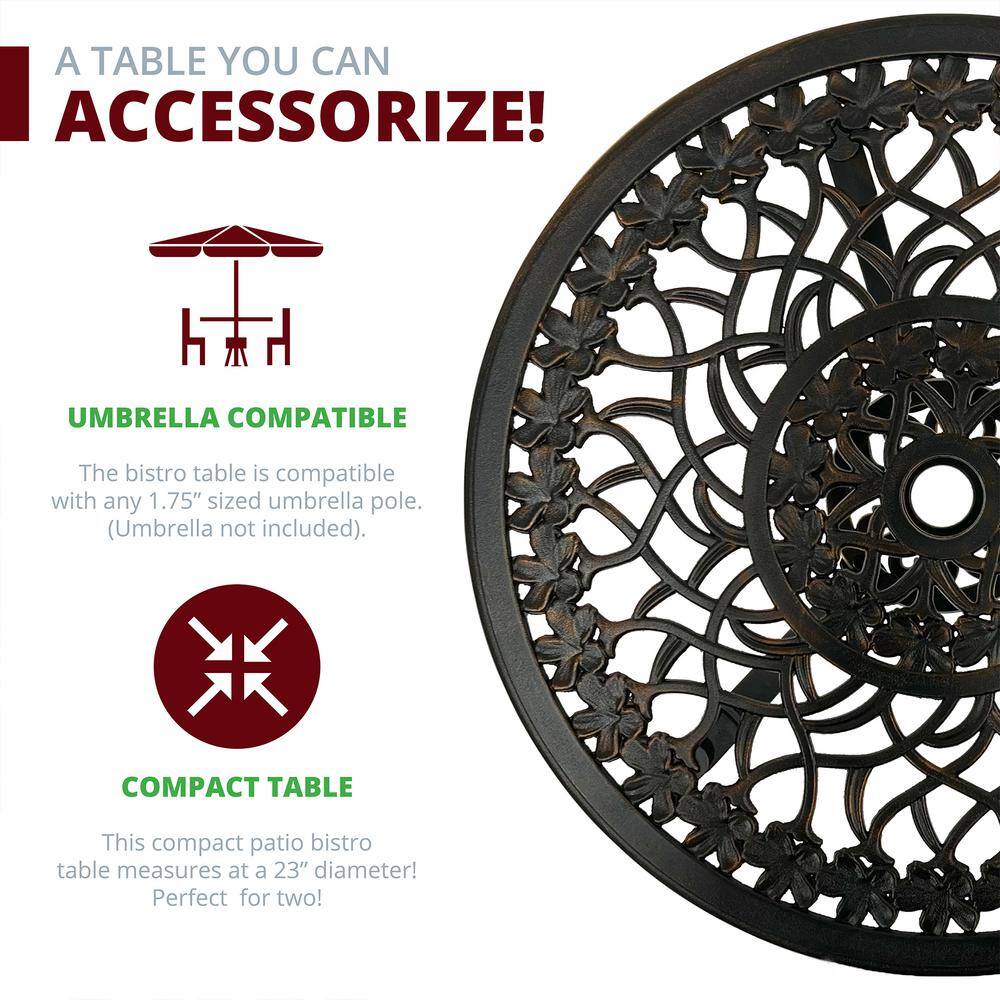 None Hibiscus 3-Piece Patio Bistro Table Set Cast Aluminum in Oil Rubbed Bronze Brown