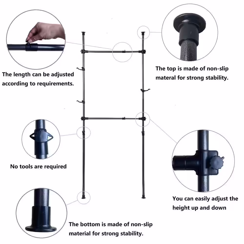 None Black Steel 2 Tier Adjustable Clothes Rack