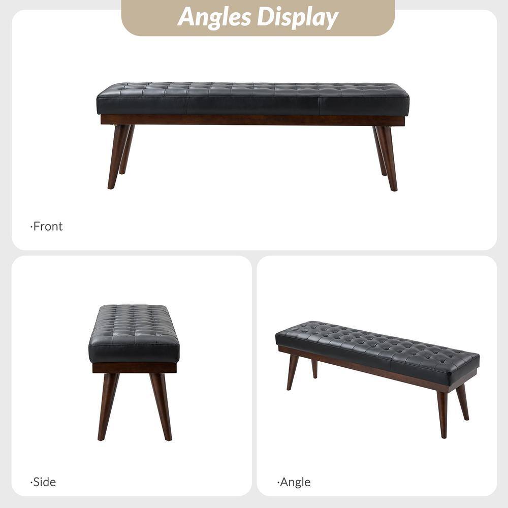 JAYDEN CREATION Paula 55.5 in. Wide Black Genuine Leather Bedroom Bench with Solid Wood Base