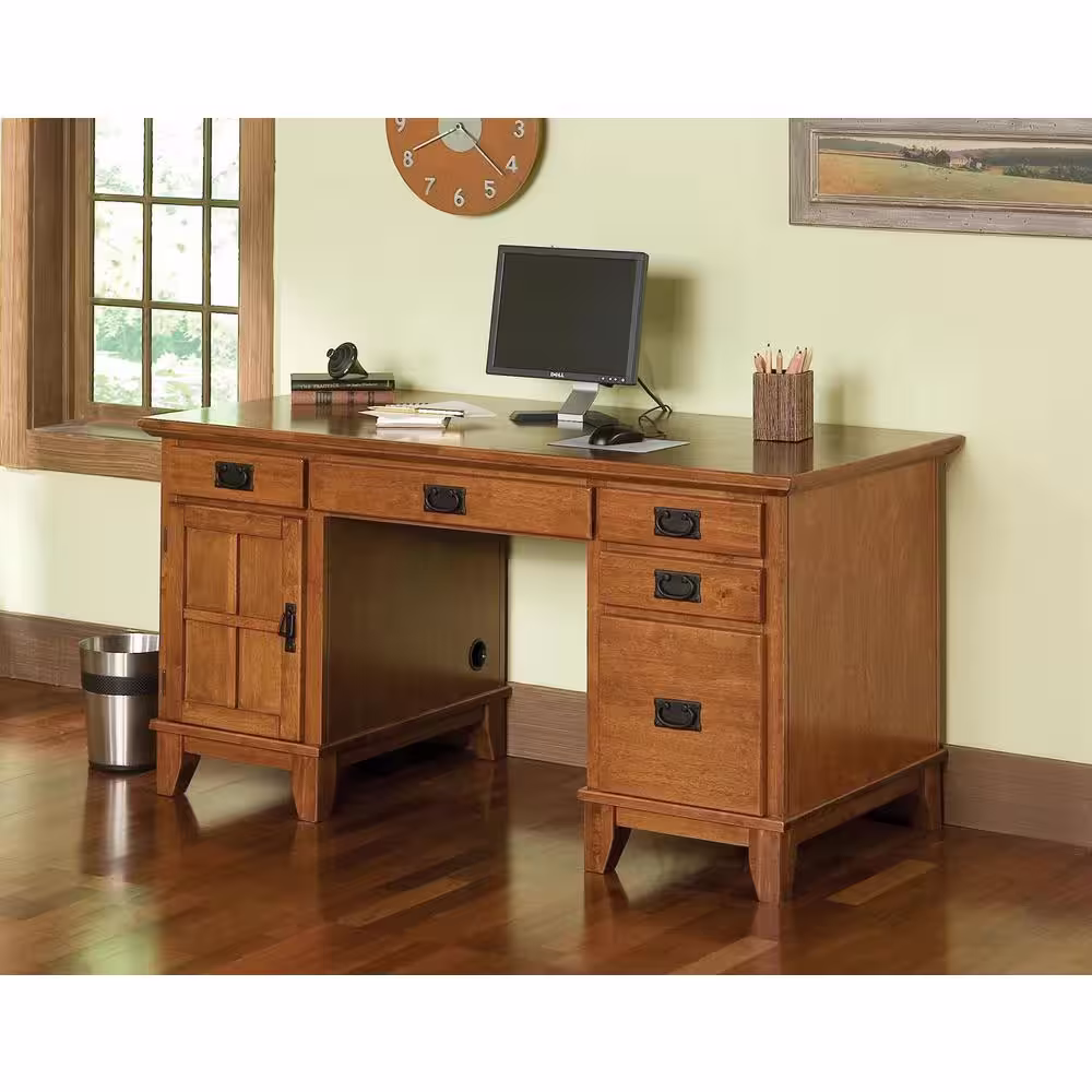 HOMESTYLES Arts and Crafts 58 in. Rectangular Oak 5-Drawer Computer Desk