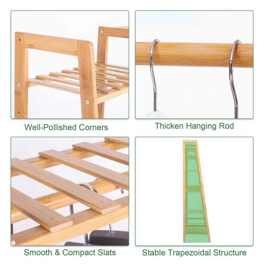 None Brown Bamboo Garment Clothes Rack with 5 Shelves 32 in. W x 55 in. H