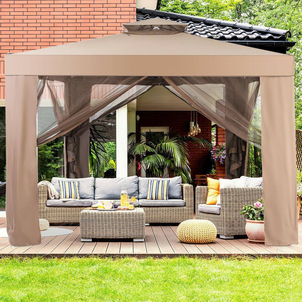 ANGELES HOME 9.8 ft. x 9.8 ft. Brown Metal Frame Gazebo Canopy with Mosquito Mesh