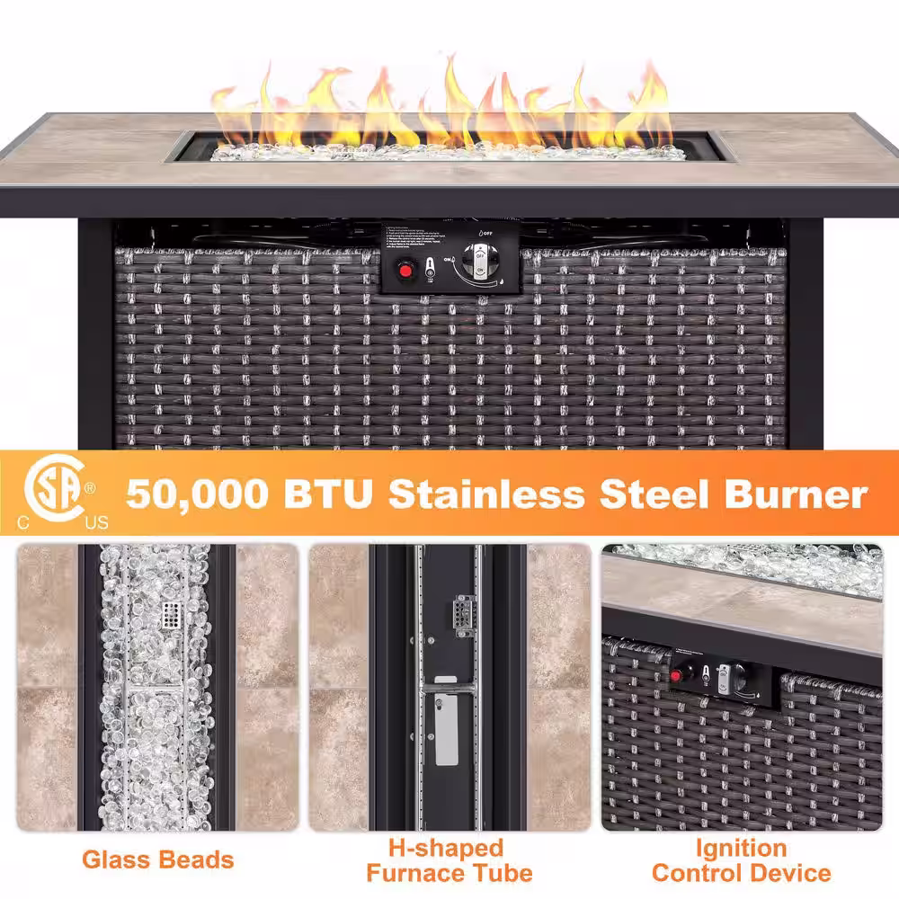 Nuu Garden 43 in. 50,000 BTU Brown Rectangle Wicker Outdoor Propane Gas Fire Pit Table with Glass Fire Pit Wind Guard