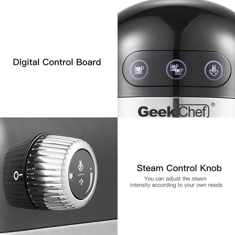 None 2- Cup Black Stainless Steel Espresso Machine with 1.4L detachable Transparent Water Tank