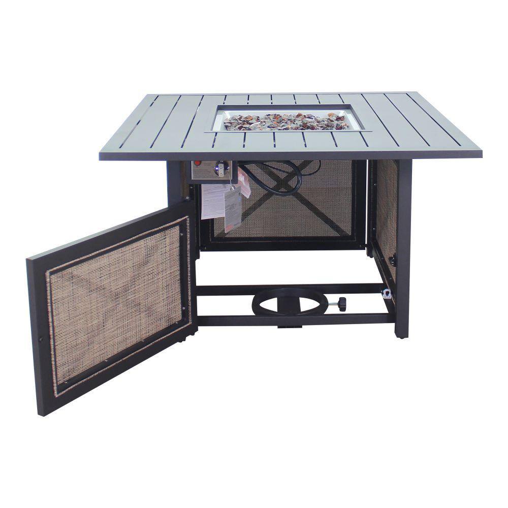 Courtyard Casual Santa Fe Metal Square Fire Pit in Java with 18 lbs. of Amber Fire Glass and Sling Base