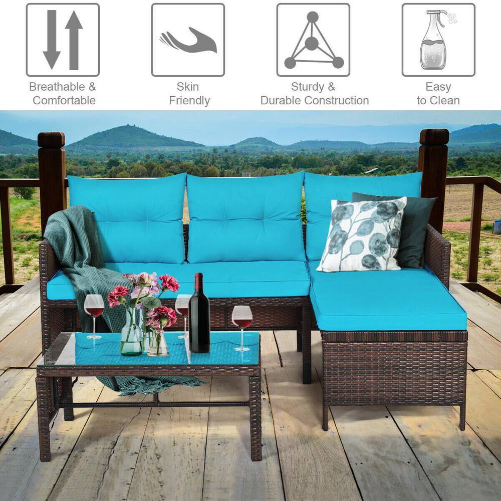 Costway Island 3-Piece Wicker Patio Conversation Set with Turquoise Cushions