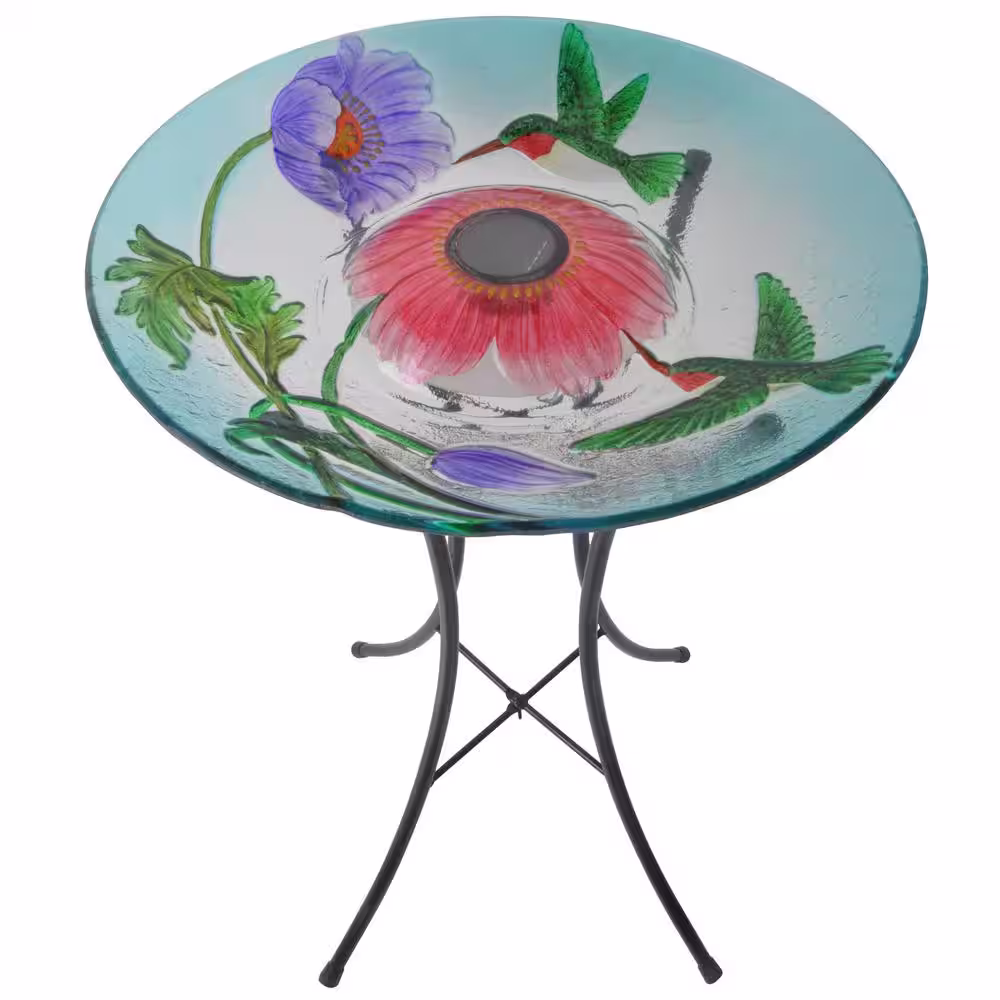 Teamson Home 18 in. Glass Hummingbird Outdoor Fusion Solar Birdbath