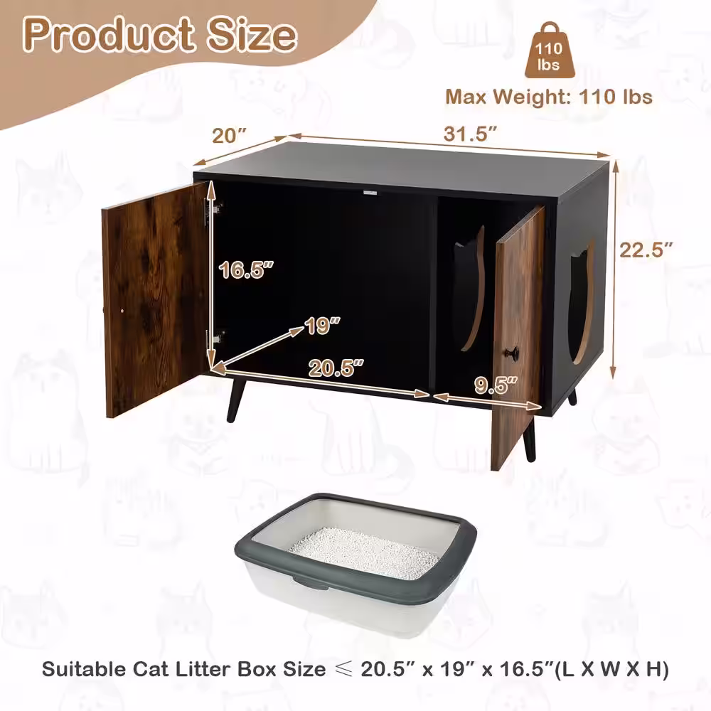 ANGELES HOME 31-1/2 in. W x 20 in. Industrial Black Brown MDF Cat Litter Box Enclosure