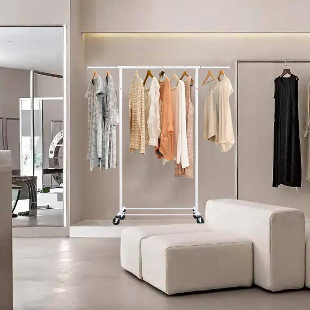 None White Metal Garment Clothes Rack with Wheels 48 in. W x 59 in. H
