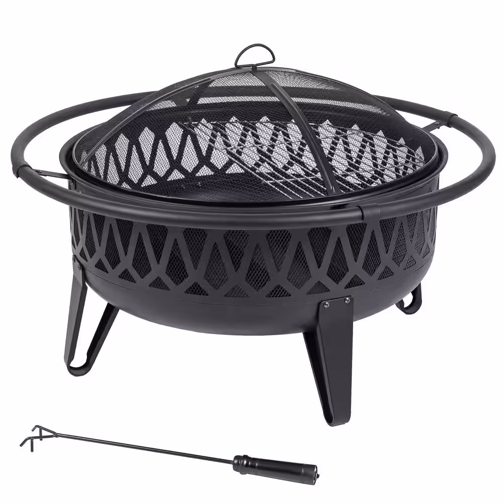 Pleasant Hearth Harmony 36 in. W x 22.8 in. H Round Steel Wood Burning Black Fire Pit