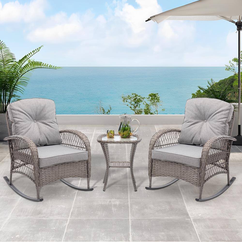 None Modern Gray 3-Piece Wicker Rocking Outdoor Bistro Set with Gray Cushion
