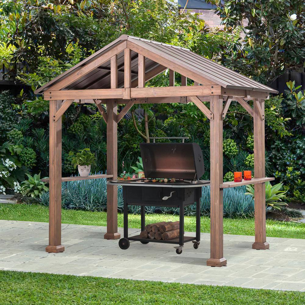 Sunjoy Hudson 9 ft. x 6 ft. Cedar Wood Hardtop Grill Gazebo