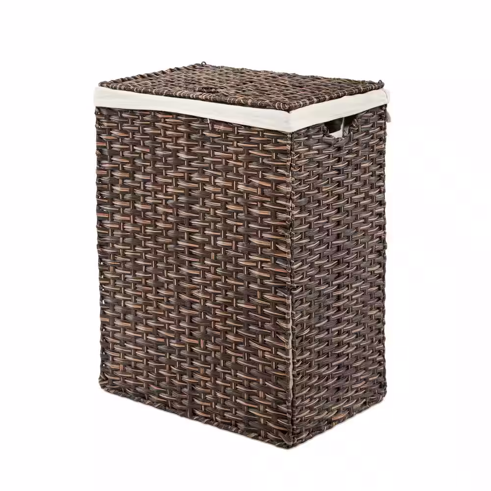 Seville Classics Lidded Rectangular Mocha Brown Collapsible Plastic Wicker Laundry Hamper Basket with Washable Liner