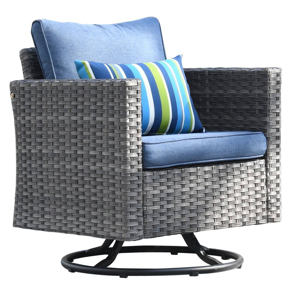 XIZZI Neptune Gray 8-Piece Wicker Patio Conversation Seating Sofa Set with Denim Blue Cushions and Swivel Rocking Chairs