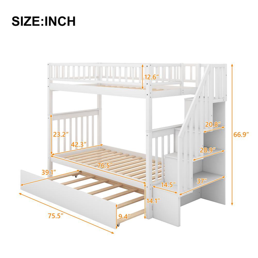 Harper & Bright Designs White Twin Over Twin Bunk Bed with Trundle and Storage Shelves