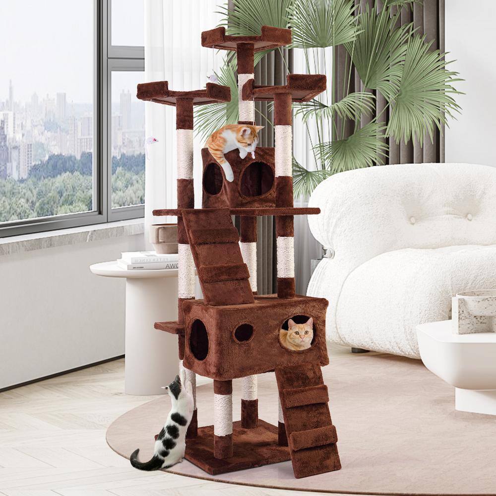 COZIWOW 67 in. Cat Tree Brown Tower Condo Soft Flannel Covered