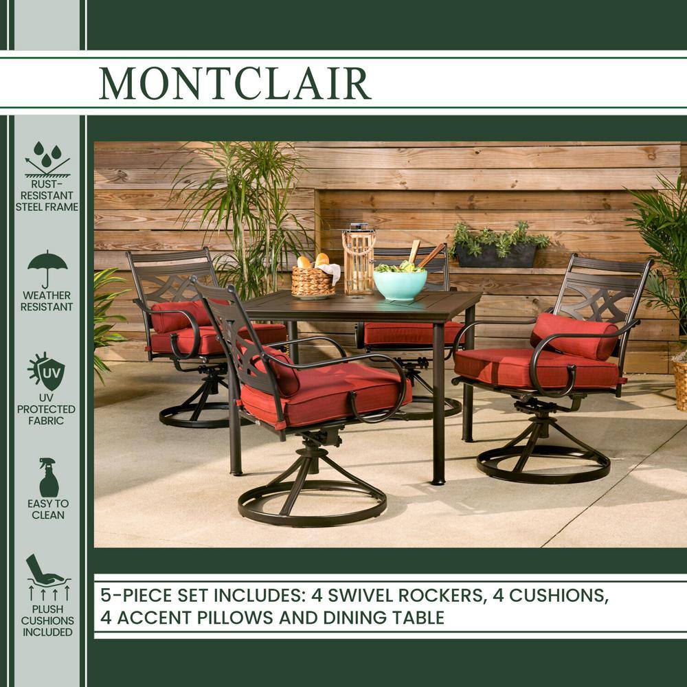 Hanover Montclair 5-Piece Metal Outdoor Dining Set with Chili Red Cushions, Swivel Rockers and Table