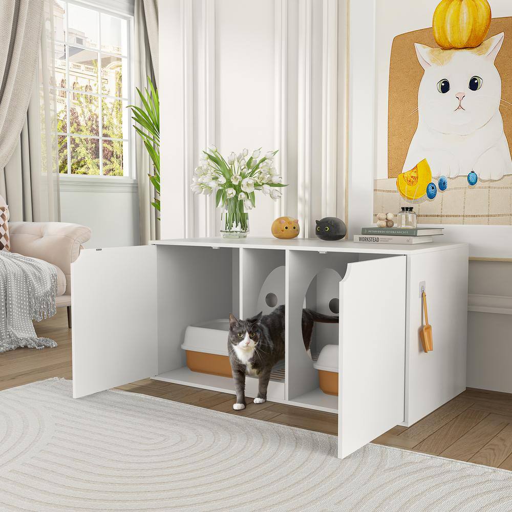 None Cat Litter Box Enclosure for 2 Cats, Modern Wood Stackable Large Cat Washroom Cabinet Bench End Table Furniture, White