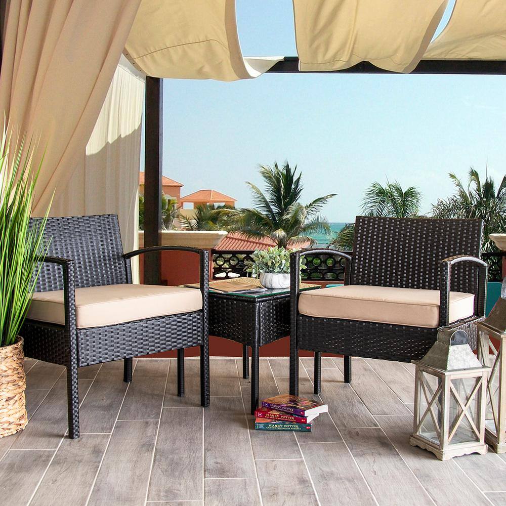 Barton Stationary 3-Piece Wicker Outdoor Bistro Set with Cream Cushions