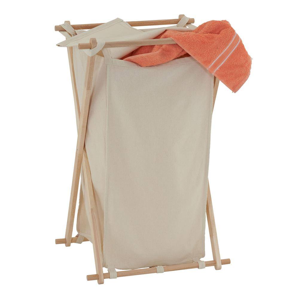 HOUSEHOLD ESSENTIALS Natural Cream, Collapsible, Polycotton, Laundry Hamper, Wood X-Frame