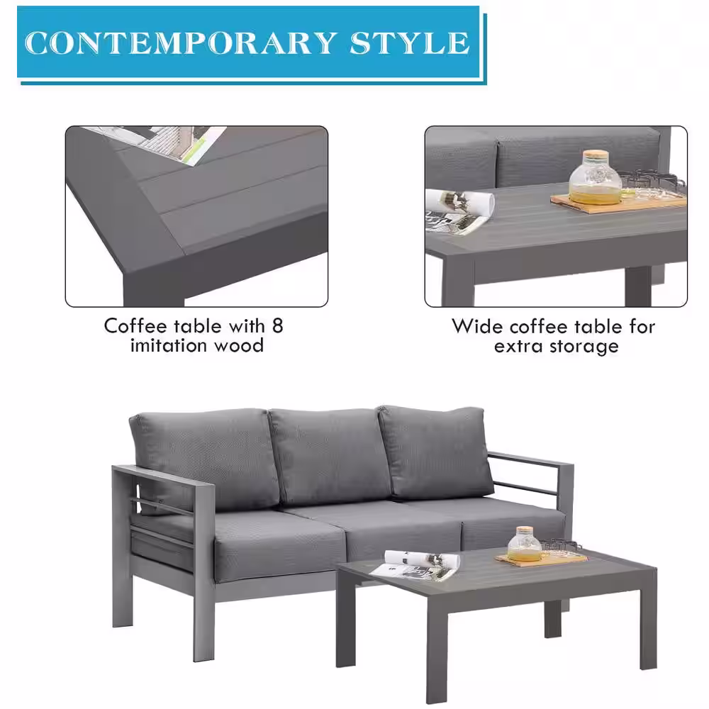 SUNVIVI Grey 5-Piece Aluminum Patio Conversation Set with Dark Grey Cushions
