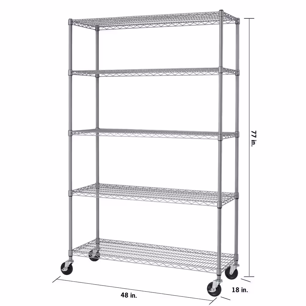 TRINITY Gray 5-Tier Rolling Steel Wire Shelving Unit (48 in. W x 77 in. H x 18 in. D)