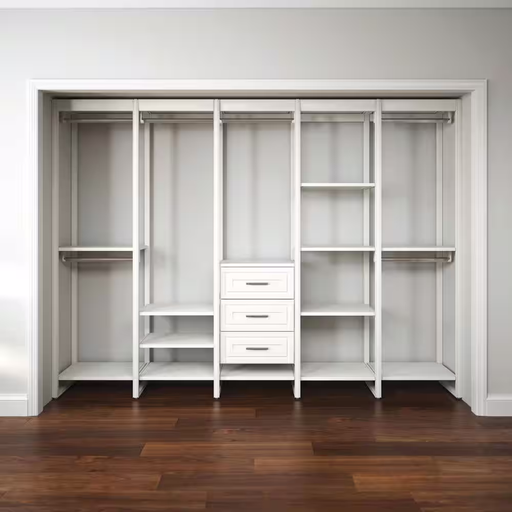 CLOSETS By LIBERTY 113 in. W White Adjustable Tower Wood Closet System with 3 Drawers and 18 Shelves
