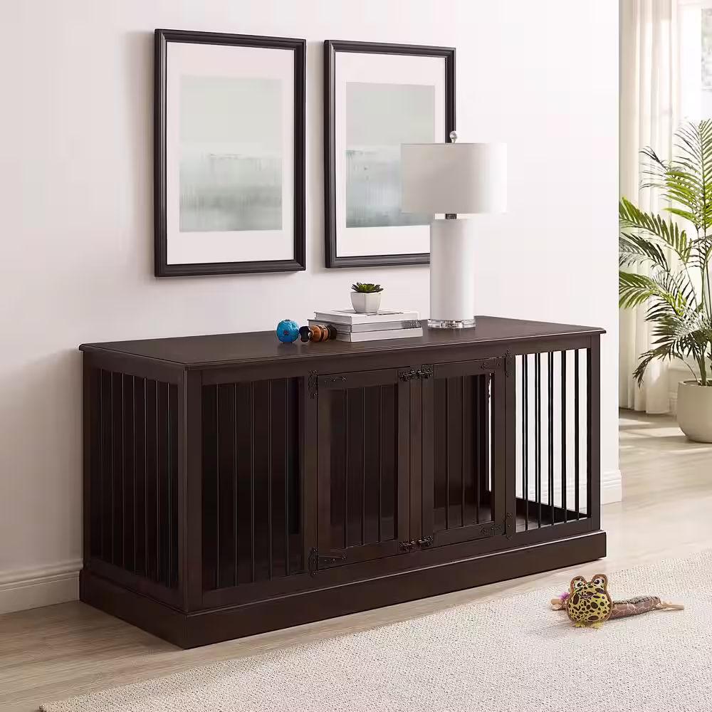 None Winslow 64.5 in. Brown Rectangular Wood Top Console Table with Pet Storage