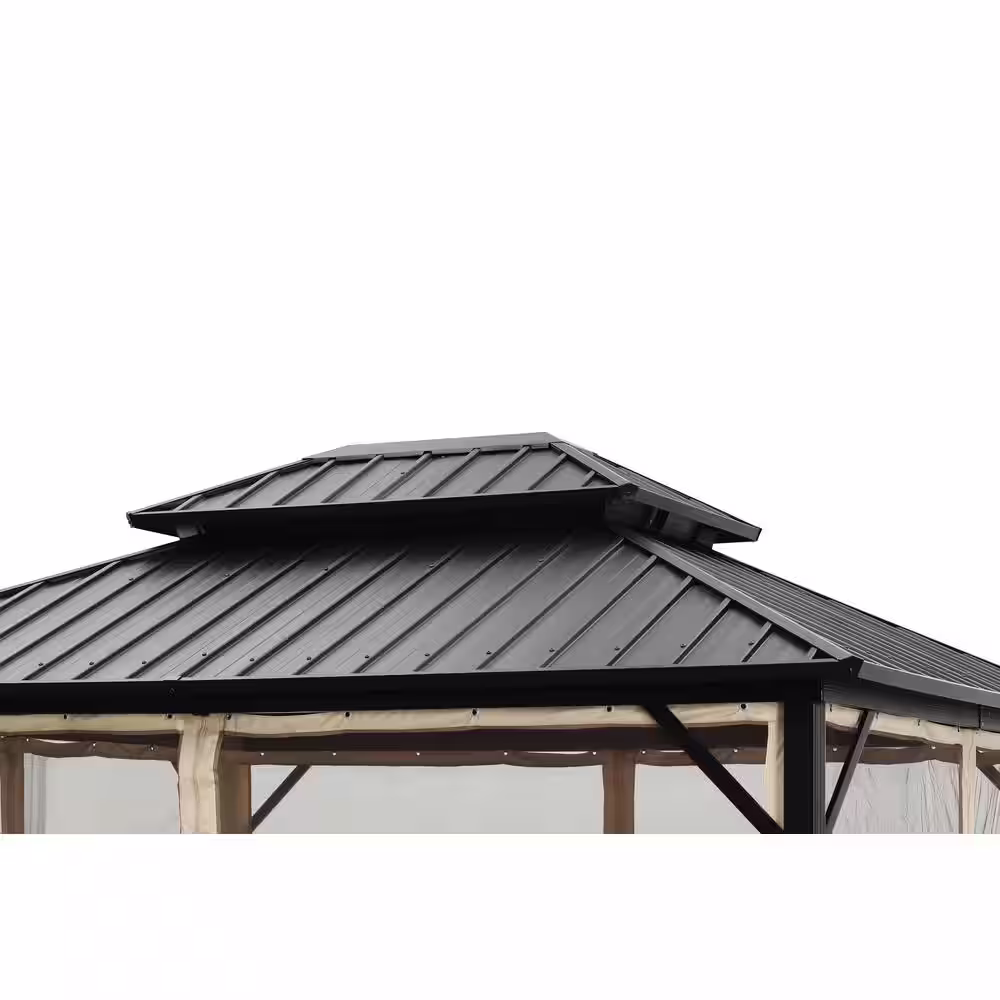OVASTLKUY 10 ft. x 12 ft. Black Galvanized Iron Double Hardtop Gazebo with 4 Sidewalls