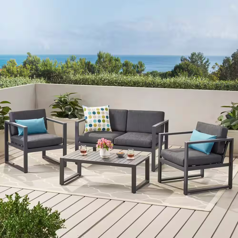 Noble House Navan Dark Gray 4-Piece Aluminum Patio Conversation Set with Dark gray Cushions