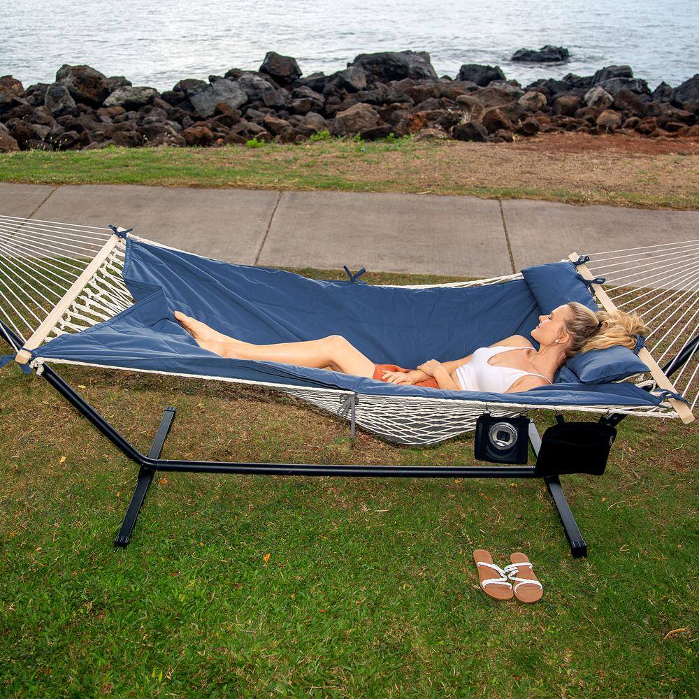 None 10 ft. x 12 ft. Quilted Rope Hammock and 12 ft. Steel Hammock Stand with Detachable Pillow, Navy