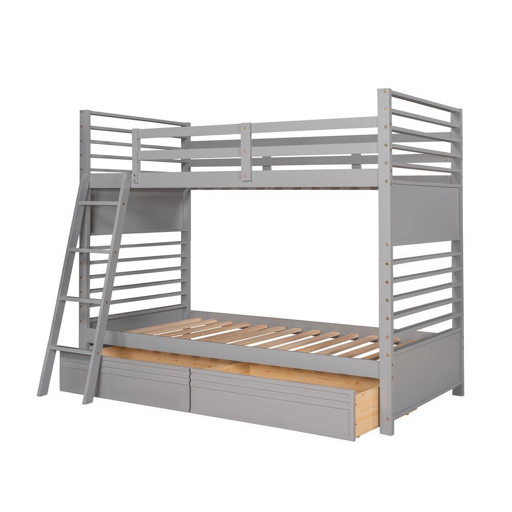 Harper & Bright Designs Elegant Gray Twin Over Twin Wood Bunk Bed With 2-Drawers